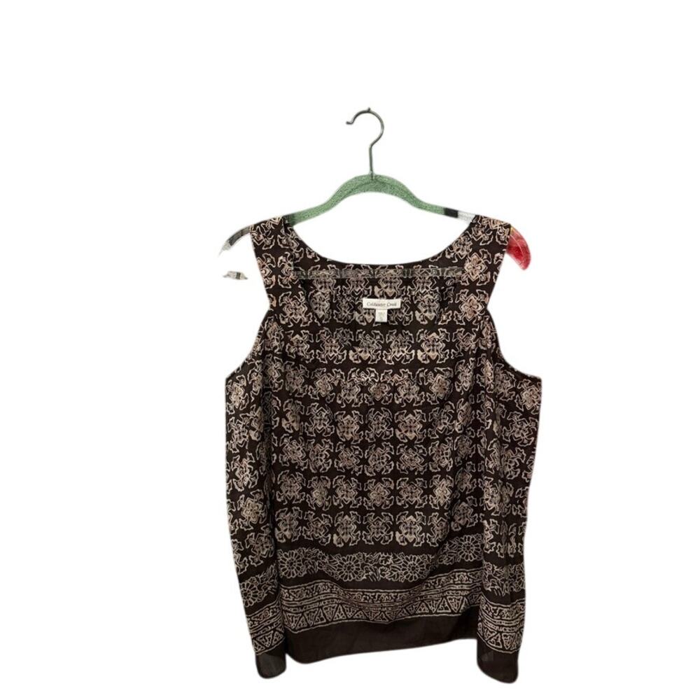Coldwater Creek Top Women SZ XL Brown Silk Cotton Baroque Print Earthy Boho